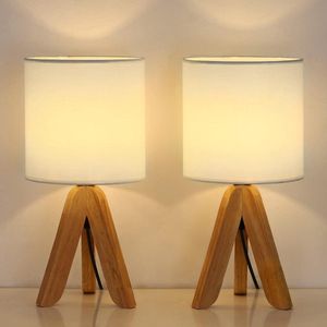 Bedlampjes, set van 2, moderne kleine tafellamp, statief, tafellamp met linnen lampenkap en houten frame, E27 bureaulamp voor slaapkamer, woonkamer, slaapzaal, wit