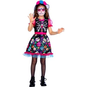 Wilbers & Wilbers - Spaans & Mexicaans Kostuum - Kleurrijke Coco Skelet - Meisje - Roze, Zwart - Maat 116 - Halloween - Verkleedkleding