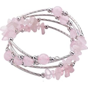 Edelstenen armband Four Loops Rose Quartz - roze - zilver - rozenkwarts - wikkelarmband
