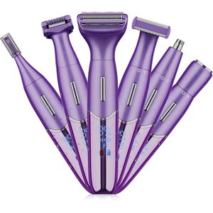 Dit 6-in-1 elektrische scheerapparaat is geschikt voor het verwijderen van schaamhaar bij vrouwen, pijnloos scheren van het lichaam, gezichtsepilator en schaamhaartrimmer voor vrouwen (paars).