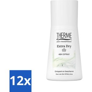 12 x Therme - Extra Dry Zen White Lotus Spray - Anti-transpirant - Beschermend - 75ml - Anti-transpirant - Deodorant - 48 Uur Bescherming - Zweten - Zweetgeur