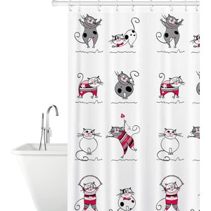 Funny cat douchegordijn, polyester stof, waterafstotend en wasbaar, badkamergordijn met 12 gordijnringen, 180 x 180 cm