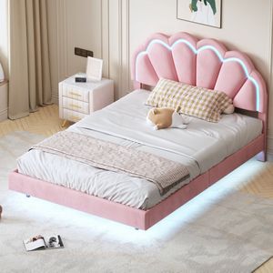Sweiko 140 x 200 cm Gewatteerd bed met LED verlichting en hoofdbord ontwerp, zwevend matrasframe, Roze fluwelen stof tweepersoonsbed gastenbed