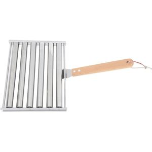 Hotdogroller van Roestvrij Staal voor 5 Hotdogs - BBQ-worstrollerrek met Spiegelgepolijst Oppervlak en Langwerpig Houten Handvat voor Feesten en Buitengrillen (100x30x30cm)