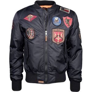 Top Gun Pilotenbomberjack met patches en een elastische tailleband, maat XXL