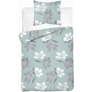 Flanellen Dekbedovertrek 140x200cm Mint Groen Bloemig met Kussensloop