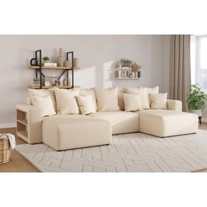 hoekbank cuddle bouclé XL U vorm- hoeksalon beige teddystof - met bed en opbergruimte- seatsandbeds