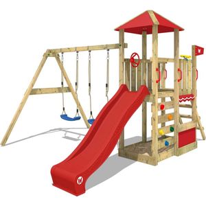 WICKEY speeltoestel klimtoestel Smart Savana met schommel & rode glijbaan, outdoor kinderspeeltoestel met zandbak, ladder & speelaccessoires voor in de tuin