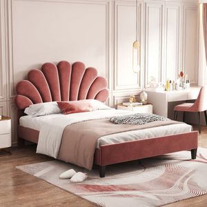 Gestoffeerd bed 140 x 200 cm - bedframe met bloemvormig hoofdeinde - tweepersoonsbed voor volwassenen met lattenbodem in huidvriendelijke fluwelen stof - rood