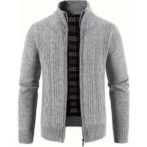 Herentrui met gedraaide gebreide stof, effen kleur, opstaande kraag, ritsluiting, casual warme kleding, buitenkleding.
