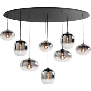 Zwarte ovale eettafellamp | 8 lichts | smoke / zwart | glas / metaal | in hoogte verstelbaar tot 130 cm | 140 cm breed | eetkamer / eettafel lamp | modern / sfeervol design