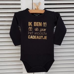 Baby Rompertje met tekst cadeau eerste Moederdag liefste mama Vaderdag papa Ik ben dit jaar het mooiste cadeautje | Lange mouw | zwart | maat  86-92 sinterklaas kerstmis outfit kleding