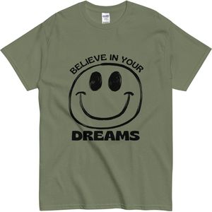 Droom Groot T-shirt - Positieve Tekst Retro Smiley Gezicht voor Vrouwen en Mannen - Khaki Groen - L