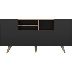 Vente-unique Buffetkast met 4 deurtjes en 3 nissen - Zwart en naturel - MOSTIA