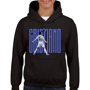 Ronaldo - Kinder Hoodie - Zwart - Maat 134/140 - Hoodie leeftijd 9 tot 10 jaar - Voetbal shirt - Cadeau - Hoodie- CR7 - voetbal - verjaardag - Unisex Kids hoodie - Blauwe tekst