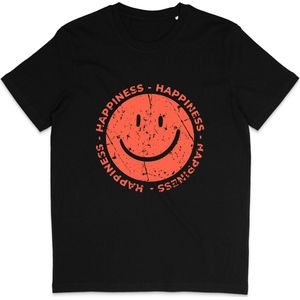Grappig Dames en Heren T Shirt - Happiness Gelukkig - Oranje Smiley -Zwart - S
