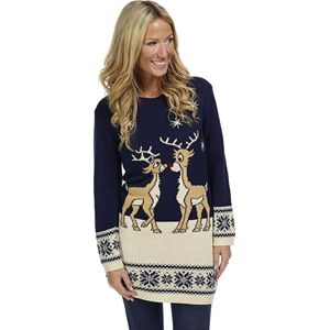 Foute Kersttrui ""Verliefde Rendieren Vintage Blauw"" voor Vrouwen | Dames - Kerstjurk - Lange Kersttrui - Christmas Sweater Maat XXL