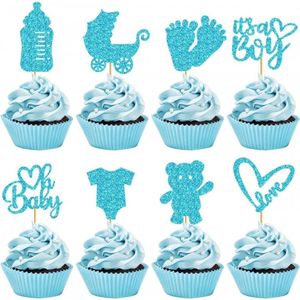 8 cupcake prikkers Baby Boy blauw - babyshower - genderreveal - cupcake topper - boy - blauw