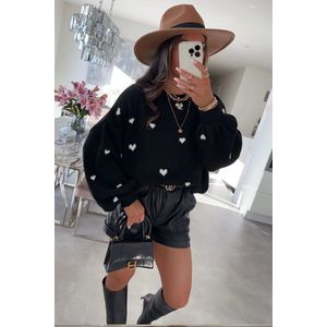 Zwarte Trui Hartjes - Trendy Dames Truien met Print - Acryl mix - One Size (Tot Maat 40) - Zwarte met Witte Hartjes