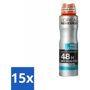 15 x L'Oréal Men Expert Deodorant Spray Fresh Extreme 150 ml - Verkoelend Effect - Mannen - Deodorant Spray