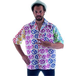 Funny Fashion - Hippie Kostuum - Kleurrijk Hippie Peace Shirt Man - Roze, Wit / Beige - Maat 52-54 - Carnavalskleding - Verkleedkleding