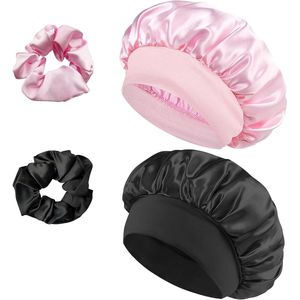 Brenzoos - Satijnen nachtmuts met elastieken en haarkaarten voor haarbescherming - zwart + roze