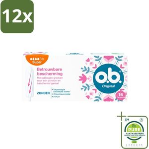 o.b. Tampons - Original Super - Gebogen Groeven - Voor Betrouwbare Bescherming - 16 Tampons - Voordeelverpakking - 12 stuks - Menstruatieschijfjes - Tampons