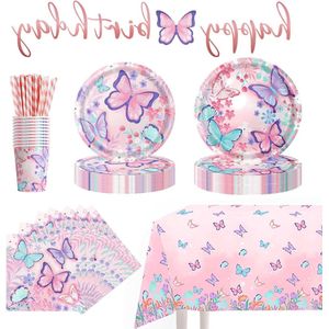62 stuks vlinderpartyserviesset voor verjaardag 10 gasten - vlinderborden set voor meisjesfeest - kinderverjaardag - vlinderdecoratie