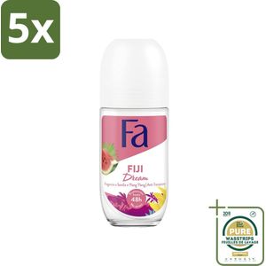 5 x Fa - Deodorant Roller - Fiji Dream - Watermeloen & Ylang Ylang - 48 uur Bescherming - 50 ml - Grootverpakking - Deodorant Roll-on - 48 Uur Bescherming - Watermeloen Geur - Ylang Ylang Geur - Huidvriendelijk Deodorant