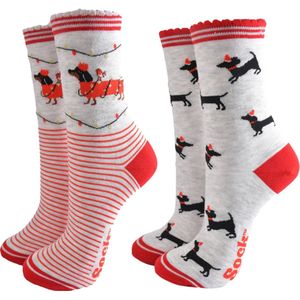 Teckel - sokken - 2 paar sokken - teckelprint - maat 35/40 - rood - wit - hond - dachshund - teckelsokken - teckel sokken - kerst - teckel kerst sokken