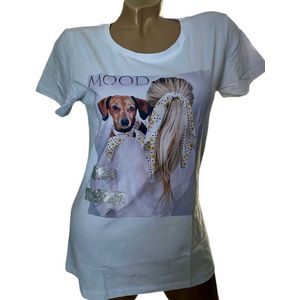 Dames Katoenen Top Korte Mouw met Print M/L wit