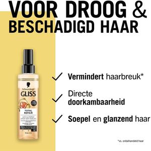 Schwarzkopf Gliss Total Repair Anti Klit Spray - Leave-in Conditioner Voor Droog en Beschadigd Haar - Directe Doorkambaarheid en Herstel - Hitte beschermend tot 230C - 2 x 200 ml