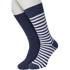 Bonnie Doon Sokken Set Gestreept en Effen voor Heren Jeans Blauw/Wit maat 40/46 - Set met 2 paar Sokken - Strepen - Katoenen Sok - Gladde Naden - Brede Boord - Perfecte Pasvorm - 2-pack - Multipack - Denim Blauw - White - Jeans Heather - OL0121012.4