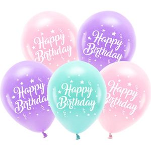 Partydeco - ECO ballonnen - Roze, Mint, Paars 'Happy Birthday 5 stuks (26 cm)