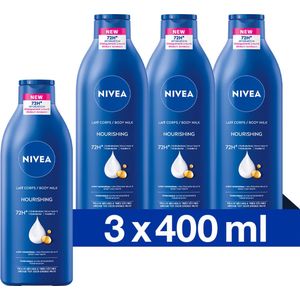 NIVEA Verzorgende Body Milk - met Hyaluronzuur Zachte Amandel Olie en Voedend serum - Body Melk met 72 Uur Hydratatie - Voor Droge tot Zeer Droge Huid - 3x400 ml