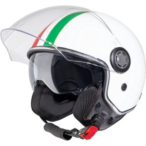VINZ Varese Jethelm met dubbel vizier / Scooterhelm / Helm met Italiaanse vlag / Snorfiets Helm Snorscooter - Wit