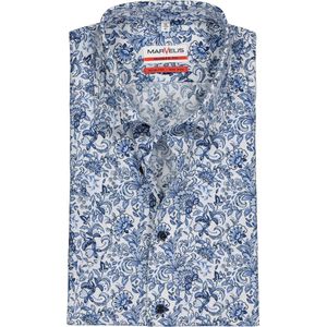 MARVELIS modern fit overhemd - korte mouw - popeline - wit met blauw bloemen dessin - Strijkvrij - Boordmaat: 39
