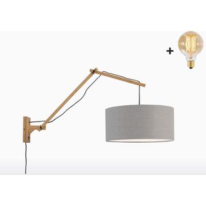 Wandlamp met Lange Arm - ANDES - Naturel Bamboe - Lichtgrijs Linnen - Met LED-lamp