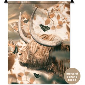 Wandkleed - Wanddoek - Schotse hooglander - Vlinders- Hoorn - 60x80 cm - Wandtapijt