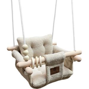 Luxe Baby / Kinder Schommel voor binnen of buiten! - Baby Swing Teddy Stof Beige - Schommelstoel inclusief Zachte Kussens, Veiligheidsriem en Bevestigingsmaterialen - Gemonteerd Verzonden!