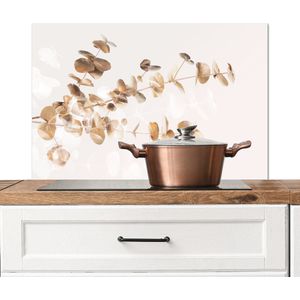 Spatscherm keuken 80x55 cm - Kookplaat achterwand Eucalyptus - Goud - Bladeren - Luxe - Natuur - Muurbeschermer - Spatwand fornuis - Hoogwaardig aluminium