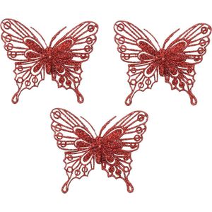 House of Seasons kerstboomversiering vlinders op clip - 3x st - rood - 10 cm