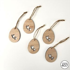 Design407 - Paastak hangers Eitjes met Hartjes Houtkleurig - 5 stuks - 6,0 x 4,5cm - Hout - Pasen - Paastakhangers - Voorjaar - Lente - Paasdecoratie - Paasversiering - Paastak - Decoratie - Paashaas - Paaseieren - Paaseitjes