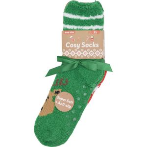Huissokken Dames - Fluffy Kerst sokken - antislip - 2 PAAR - Groen, rood & rendier - zeer zacht - verwarmende gripsokken - bedsokken - kerstcadeau voor vrouwen