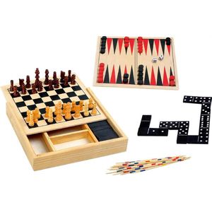 Spellendoos 4 in 1 - Bordspel Set - Backgammon - Mikado - Domino - Schaken - Hout - 17x17x3cm