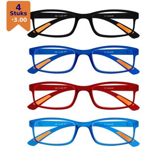 Amazotti Milano - Leesbrillen - Set van 4 - Zwart Blauw Rood - Lichtgewicht Kunststof