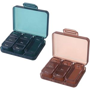 Set van 2 pillendozen voor 7 dagen, 3 vakjes per dag, handige medicijnorganizer voor dagelijks gebruik en reizen (groen & bruin)