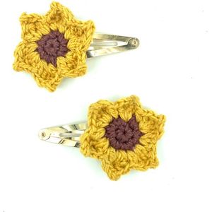 Luna-Leena duurzame haarspeldjes zonnebloem geel 2x - L5cm - bio katoen - klik klak speld goudkleurig - hand gehaakt in Nepal - sunflower hair clips - haar accessoires - cadeau - verjaardag - sieraad - hairclip - bloemen spelden