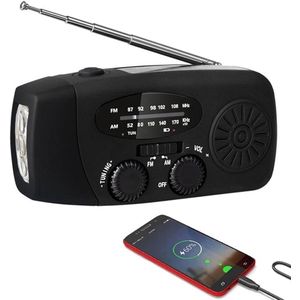 Noodradio - Noodradio Opwindbaar - 2000 mAh - Noodradio Solar Opwindbaar - Oplaadbaar & Op Batterijen - Powerbank - Solar - Zaklamp - Voor Rampen/Camping - Handmatige Crank - Zwart