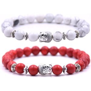 Armband heren / dames / unisex - met buddha bedel - Kralen armband boedha - Chakra armband - Cadeau voor hem of haar - Armbandenset 2 bandjes - Wit marmer & rood